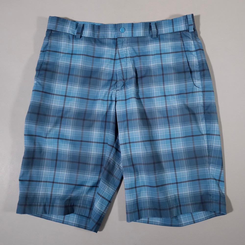 Nike Golf Shorts Mens 34 Blue Plaid Dri-FIT Performance Flat Front 648319-427